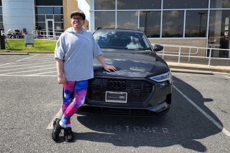 When we got back, I asked the salesman to take a photo of me with the Audi.  I didn't buy it, but I wanted another photo showing me in my space tights, and Elyse refused to do it for me (she tends to get like that when I'm having too much fun with an outfit).