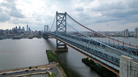 The Ben Franklin Bridge, viewed from the New Jersey side.