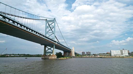 Still skimming over the water, viewing the bridge from a little further out.