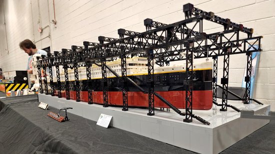 This piece is called "Titanic under construction" and was built by Kevin Darke.  This depicts Titanic on the slipway at Harland & Wolff prior to launch, though after the Olympic had already been launched, and uses the Titanic model as a base.