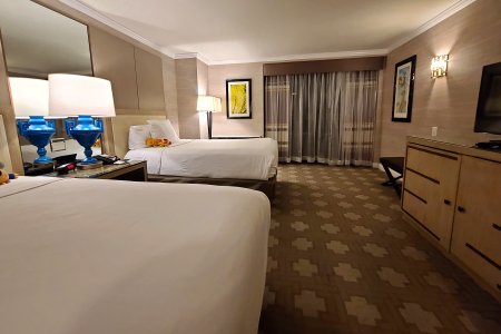 Our room at Caesars.  Compared to most hotel rooms that we've stayed in, I feel like this room was wider, but was also shorter front to back, with a smaller bathroom than most.  And the beds were tiny.  I could not imagine two people sleeping on these beds.