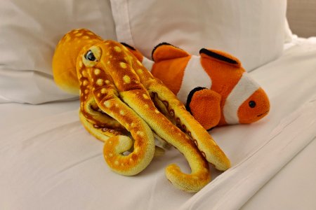 Woomy and David sit on my bed at Caesars.  Woomy didn't like the room at all and made his opinions known, while David was just kind of unimpressed.