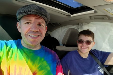 Then Elyse joined me in the driver's seat, after she managed to get the door open.  If my smile looks forced, it's because it was.  My car was wrecked, and I was still hurting quite a bit from the accident.