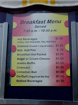 Breakfast and lunch menus, along with their prices.