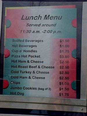 Breakfast and lunch menus, along with their prices.
