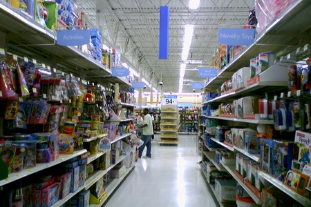 One of the aisles in the toy department.  Note that the in-aisle signage that was introduced in the previous generation of signage was retained, though it is now in a lighter color.