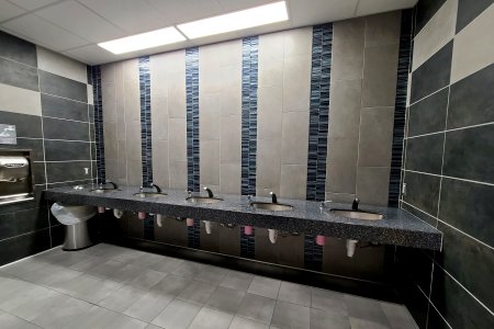 This is the sink area in the men's restroom at Round1, which is a Dave & Buster's-like place.  When I posted it to Instagram, I captioned it, "File this under 'sinks for ugly people'."  After all, it's a very rare thing to have a restroom that doesn't have mirrors over the sink.