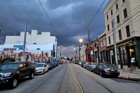 Storm clouds over Frankford Avenue in Philadelphia.