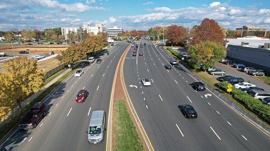 View facing northeast, from the perspective of northbound Montgomery Village Avenue, with all eleven lanes in all of their glory.