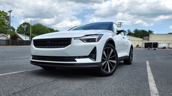 The Polestar 2, parked in the lot at Terrace Lanes.