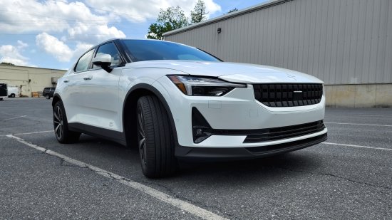 The Polestar 2, parked in the lot at Terrace Lanes.