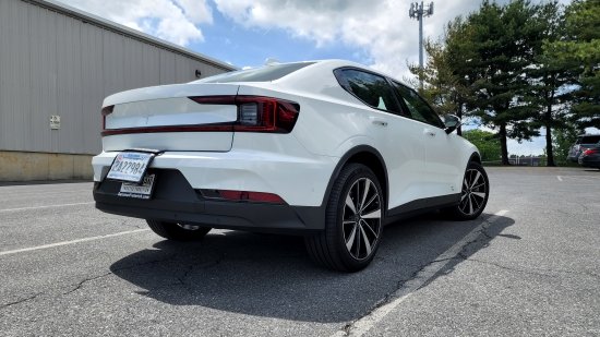 The Polestar 2, parked in the lot at Terrace Lanes.