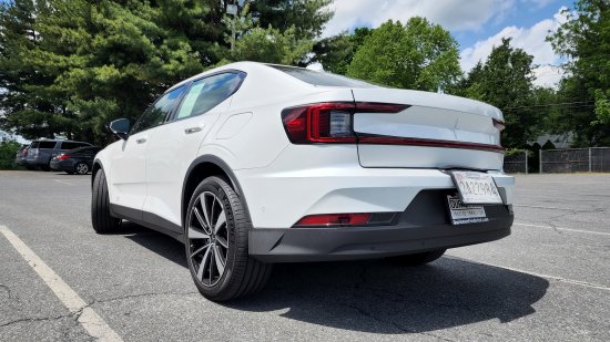 The Polestar 2, parked in the lot at Terrace Lanes.