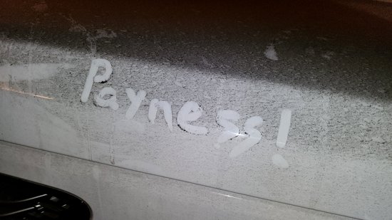 "Payness!" on the side of the Range Rover in December
