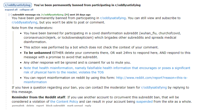 Reddit ban notice for /r/oddlysatisfying
