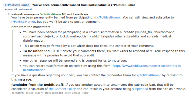 Reddit ban notice for /r/PoliticalHumor