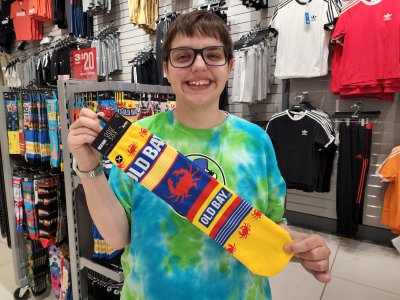 In an athletic shoe store, Elyse found a pair of Old Bay socks.  We didn't buy them, though.