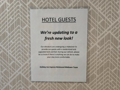 Notice about elevator renovations at the Holiday Inn Express