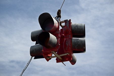 A red blinker signal on Industrial Street at one of the entrances the AdvanSix facility.