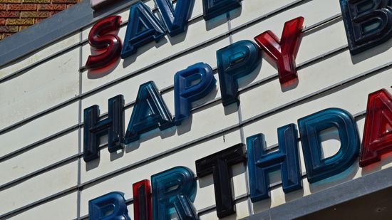 "HAPPY" lettering on the marquee of the Byrd Theatre.  The entire marquee reads, "SAVE FERRIS/HAPPY BELATED/BIRTHDAY ADHYA".
