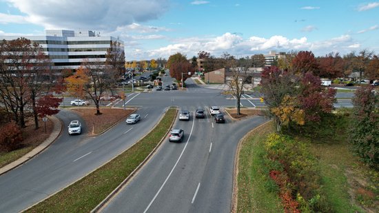View facing northwest, from the perspective of traffic traveling northbound on Russell Avenue.
