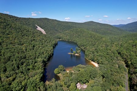 Sherando Lake from high above, in context with the mountains and the forest.  View facing appoximately north.