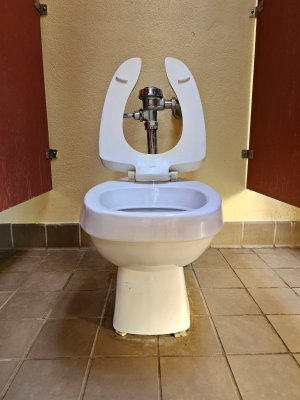 The toilet in the bath house, which is a commercial version of the weird square Eljer toilets that my parents have.