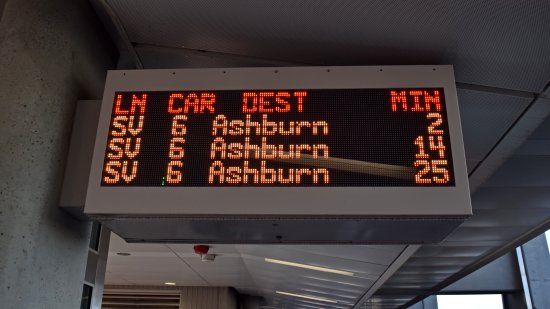 At Wiehle, I had to get a look at this: the PIDS displaying the next three trains going through Wiehle now that it's a through station and not a terminal anymore.  Also, note the boxier shape of the PIDS at Wiehle compared to Ashburn, and the thicker font.