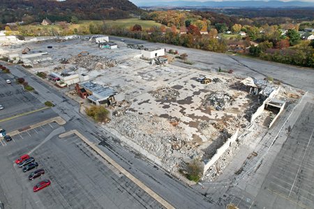 The remains of the former JCPenney building, facing northeast.