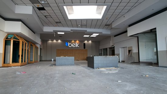 Since there wasn't anything major dangling from above this time, I was able to fly in for a little closer look at what was left.  Here's the mall corridor from the north end of Books A Million.