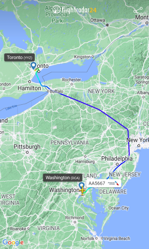 Our plane's route up to Toronto.  Note how it left Washington National Airport and then overflew Philadelphia and the New York City region before cutting across upstate New York to reach Toronto.