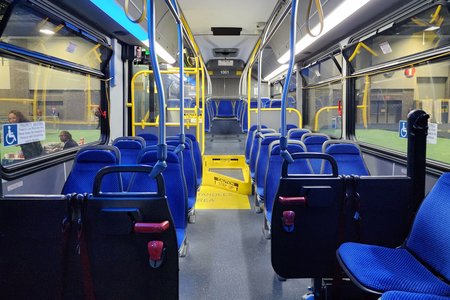 Interior of bus 1001, typical of a WMATA New Flyer Xcelsior.