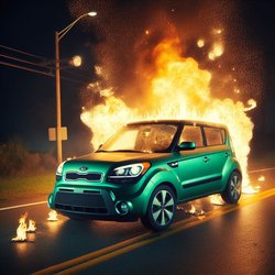 "Green 2012 Kia soul on fire on a rural road at night" (1)