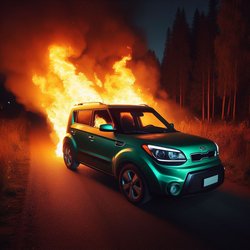 "Green 2012 Kia soul on fire on a rural road at night" (2)