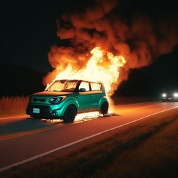 "Green 2012 Kia soul fully engulfed in flames on a rural road at night" (1)