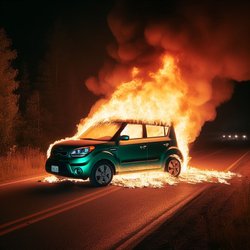 "Green 2012 Kia soul fully engulfed in flames on a rural road at night" (2)