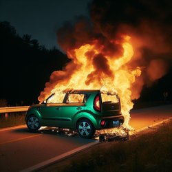 "Green 2012 Kia soul fully engulfed in flames on a rural road at night" (3)