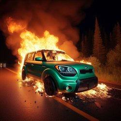 "Green 2012 Kia soul fully engulfed in flames on a rural road at night" (4)