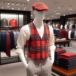 "A male department store mannequin wearing a white shirt, gray pants, a red plaid vest, and a red plaid gatsby cap that is magic" (1)
