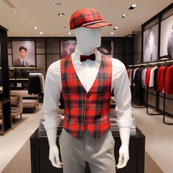 "A male department store mannequin wearing a white shirt, gray pants, a red plaid vest, and a red plaid gatsby cap that is magic" (3)