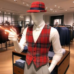 "A male department store mannequin wearing a white shirt, gray pants, a red plaid vest, and a red plaid gatsby cap that is magic" (4)