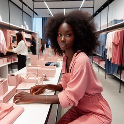 "A black woman wearing a pink jumpsuit setting up a display in a department store" (2)