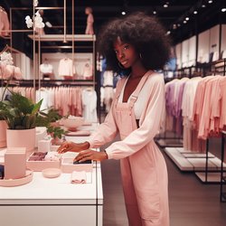 "A black woman wearing a pink jumpsuit setting up a display in a department store" (4)