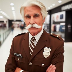 "An older gentleman with a white mustache working as a department store security guard wearing a brown uniform" (1)