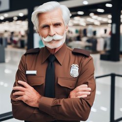"An older gentleman with a white mustache working as a department store security guard wearing a brown uniform" (2)