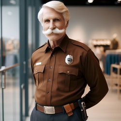 "An older gentleman with a white mustache working as a department store security guard wearing a brown uniform with a Sam Browne belt" (1)