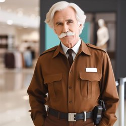 "An older gentleman with a white mustache working as a department store security guard wearing a brown uniform with a Sam Browne belt" (2)