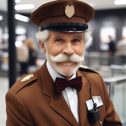 "An older gentleman with a white mustache working as a department store security guard wearing a brown uniform with a red spotted bow tie" (1)