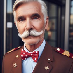 "An older gentleman with a white mustache working as a department store security guard wearing a brown uniform with a red spotted bow tie" (2)