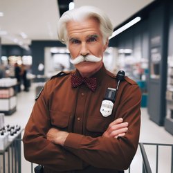 "An older gentleman with a white mustache working as a department store security guard wearing a brown uniform with a red spotted bow tie" (3)